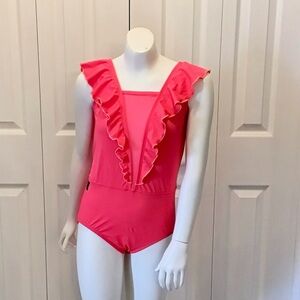 Kandi Kouture Pink Mesh Ruffled One Piece Dance Leotard Size TM